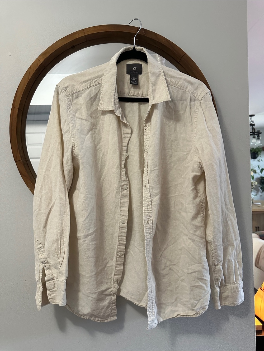 H&M Men's Long-Sleeve Casual Button-Down Shirt in Beige